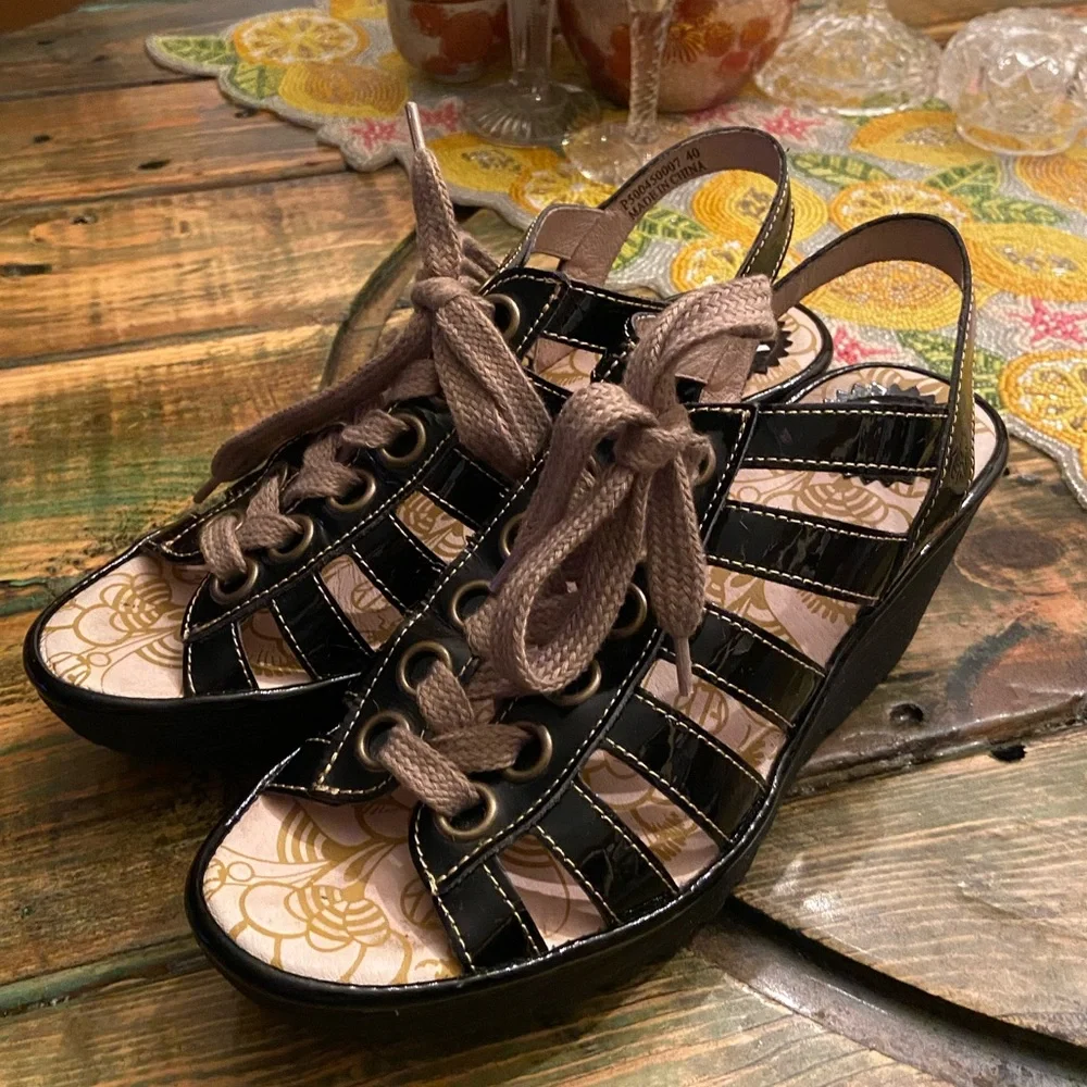 FLY London Multi-strap Lace Up Wedge Black Patent Yito Sandals - Picture 7 of 11